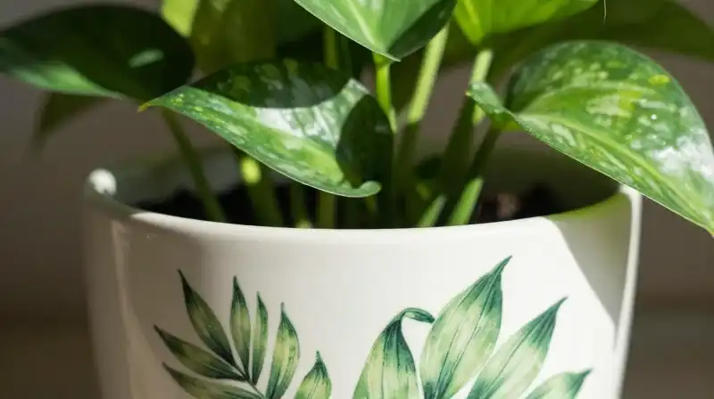 Lush green pothos thrives in a sun-dappled ceramic planter liner