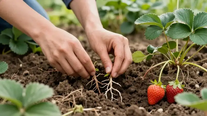 Hands plant bare strawberries into rich, tilled garden soil