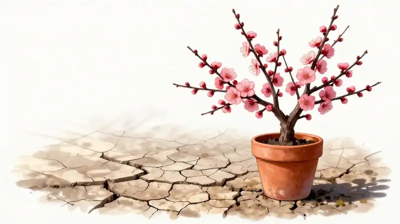 Delicate plum blossoms bloom in a terracotta pot on cracked earth