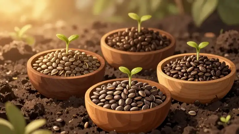 Golden light highlights seeds sprouting from dark, rich soil
