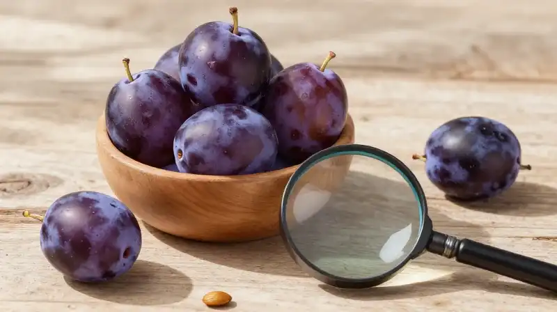 Purple plums rest in a rustic bowl under a magnifying glass