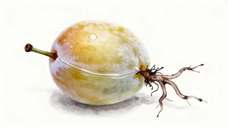 Gnarled roots sprout from a single plum seed submerged in clear water