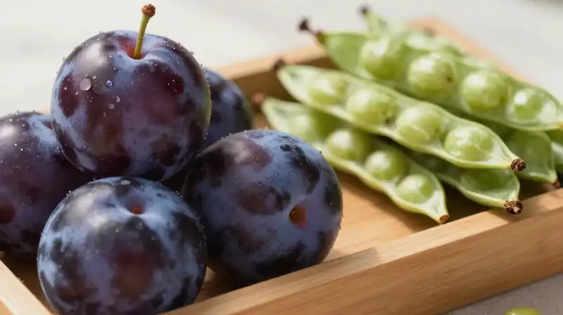 Plums and pods on a wooden tray under soft morning light