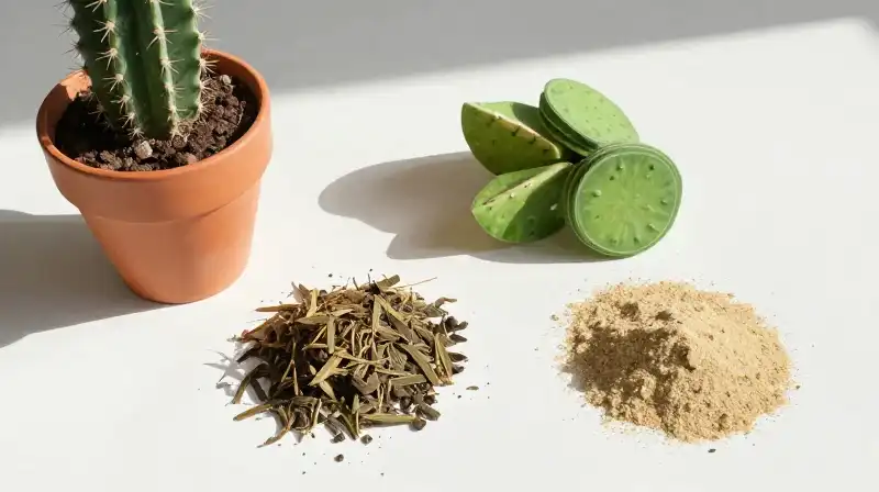 Cactus and potting mix rest on a bright white workbench