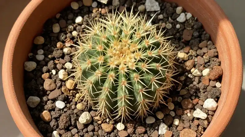 Spiky golden cactus rests in porous soil beneath warm, dappled light