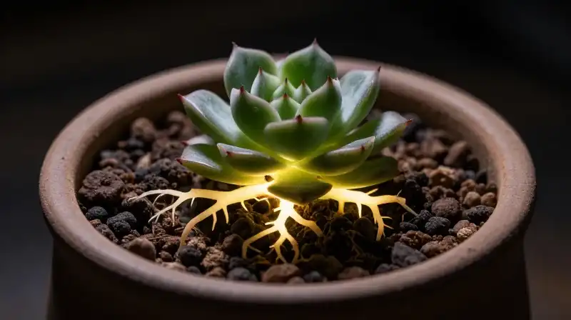 A glowing desert plant thrives in a terracotta pot, casting dramatic shadows