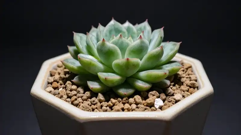 A succulent arrangement sits in a textured geometric pot