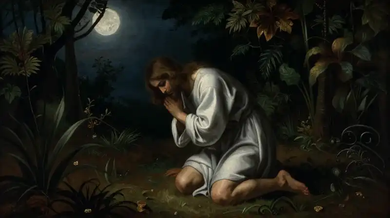 Jesus kneels in a dramatic, richly contrasted moonlit garden
