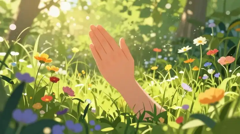 Sunlight shines on gentle hands amidst colorful, vibrant wildflowers