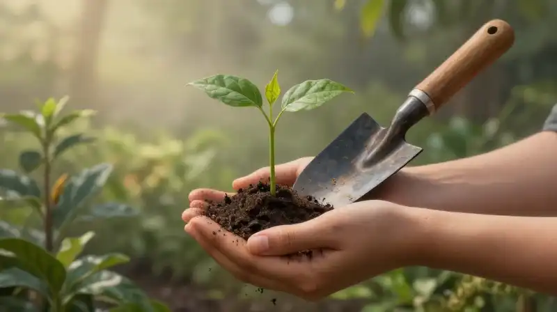 Gentle hands hold a vibrant green sapling in a misty garden