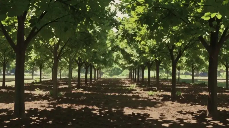 Young trees stand in neat rows, dappled sunlight filtering softly through the leaves