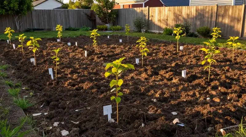 Golden sunlight illuminates young saplings in a tilled backyard