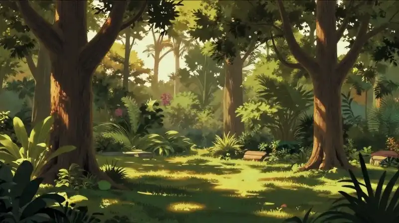 Mature trees cast dappled golden light onto the lush backyard