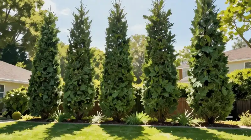 Stylized tall privacy trees stand in a lush suburban backyard bathed in dappled light