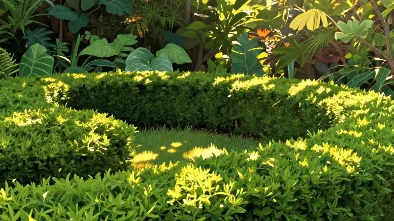 A vibrant green hedge is bathed in dappled golden sunlight