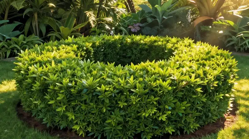 A sculpted green hedge glows in dappled golden garden sunlight