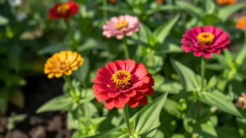 Vibrant zinnias burst through an overgrown garden bathed in dappled sunlight