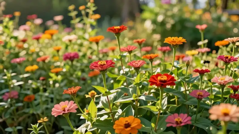 Vibrant zinnias explode in a sun-drenched, golden-hour garden
