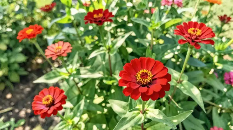 Bright red zinnias burst forth in a lush, sun-drenched garden