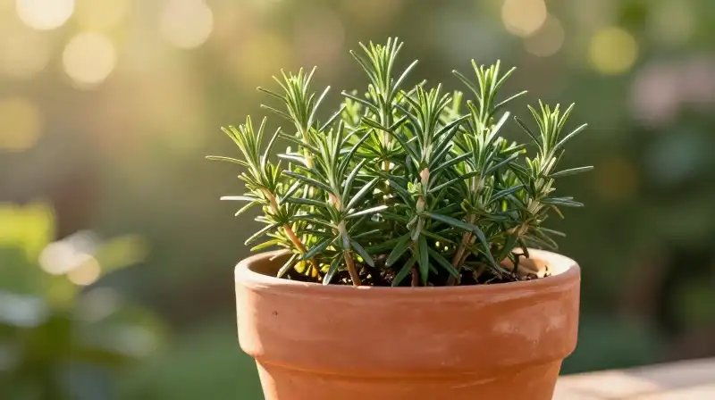 Sun-drenched rosemary vines spill from a warm terracotta pot