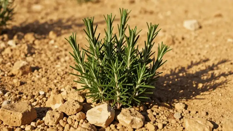 Golden light bathes textured rosemary on rugged, dry clay earth