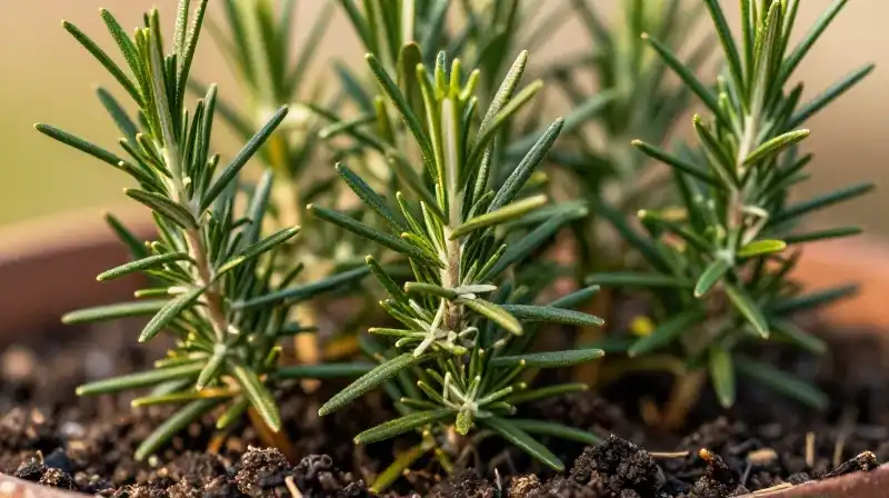 Golden light illuminates detailed rosemary spreading across rich earth