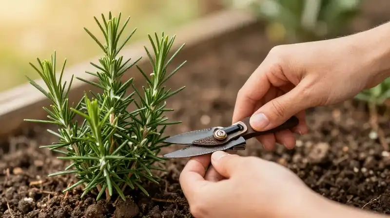 Warm golden sunlight illuminates hands pruning green rosemary over rich soil