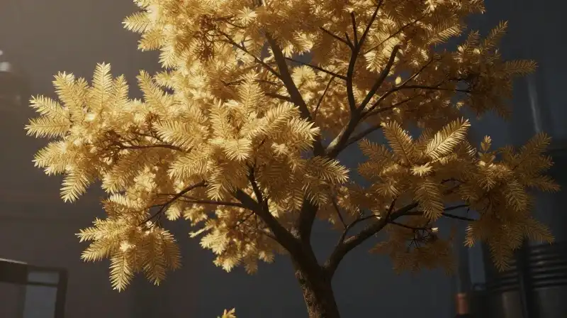 A misty canopy holds glowing golden fractal structures
