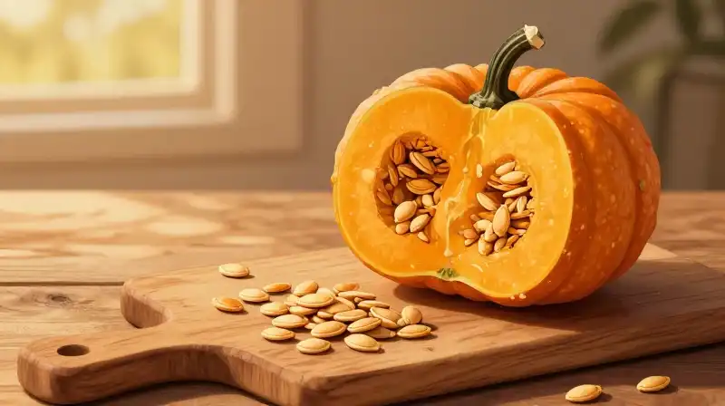 Rustic squash and seeds bathed in warm golden hour light