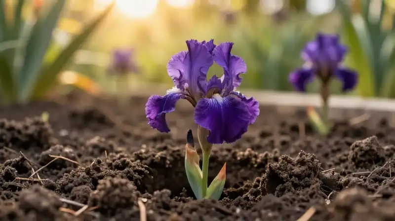 Rich dark soil cradles a vibrant purple iris under golden sunlight