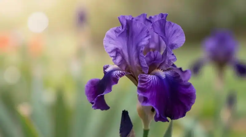 Vibrant purple iris blooms beautifully in warm, sunlit garden