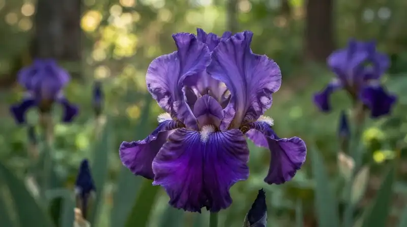 A vibrant purple iris thrives in a sun-dappled, lush forest clearing