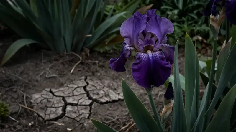 A vibrant purple iris grows dramatically from cracked, dry soil