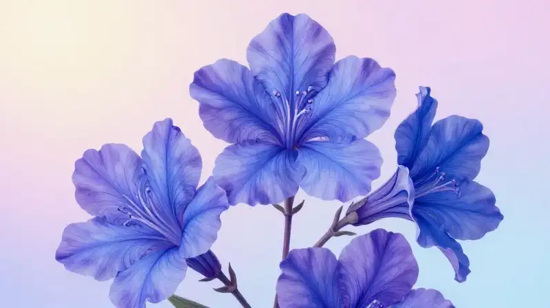 Intricate purple and blue flowers bloom in soft, diffused light