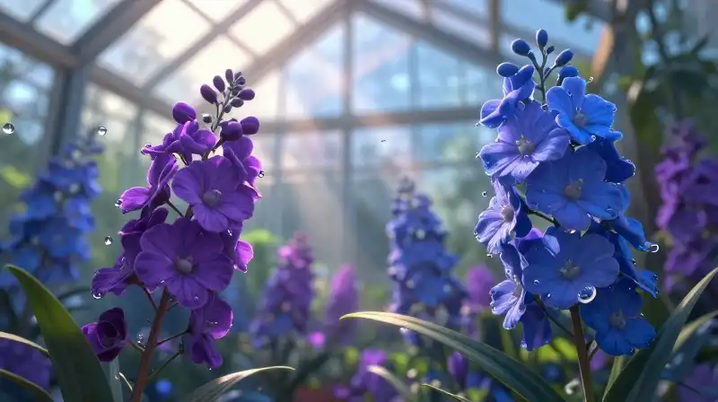 A luminous greenhouse holds vibrant, dew-kissed purple and blue flowers under dramatic light