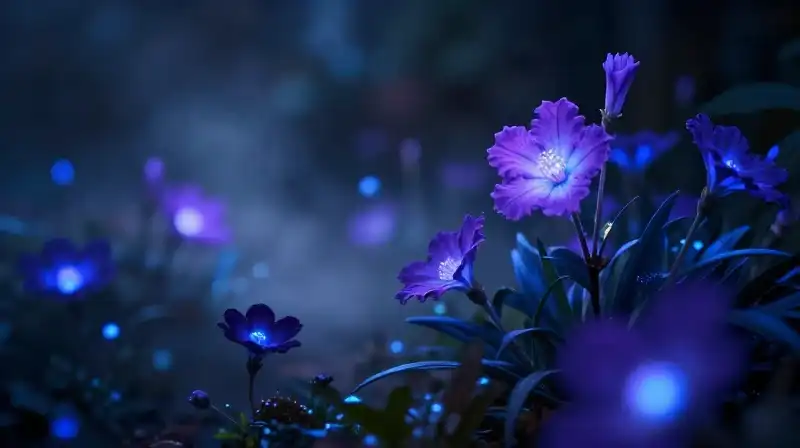 Glowing purple and blue flowers emerge from an ethereal misty garden