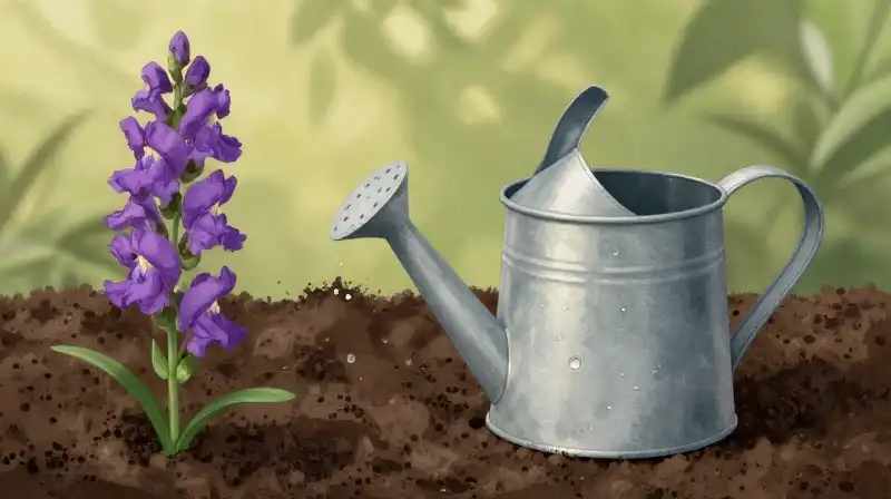 A purple snapdragon rests beside a weathered watering can