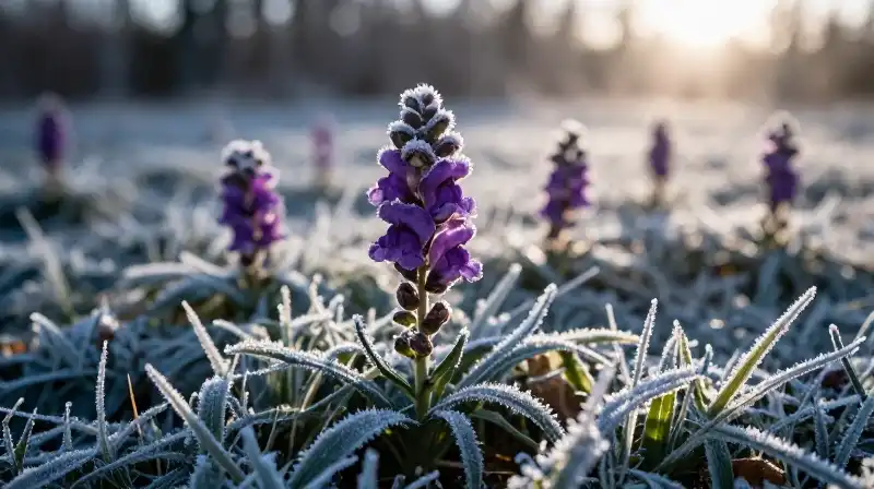 Purple snapdragons emerge through heavy, crystalline frost in a dramatically lit meadow