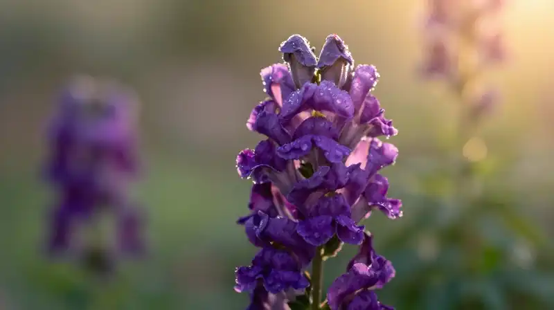 Delicate purple snapdragons gleam in soft, golden garden light