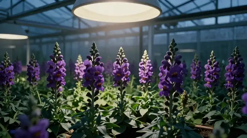 A dramatic purple snapdragon sits beautifully in a lush indoor greenhouse