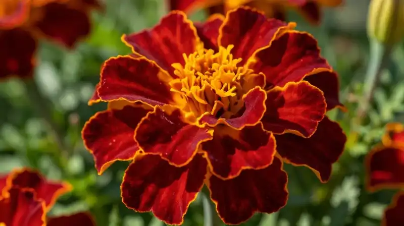 Deep red marigolds bloom under dappled sunlight in a lush garden