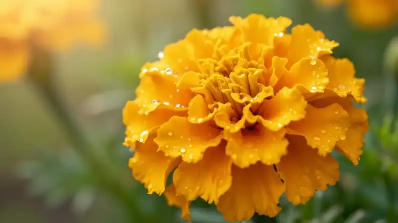 Glowing marigold petals glisten in warm golden hour light