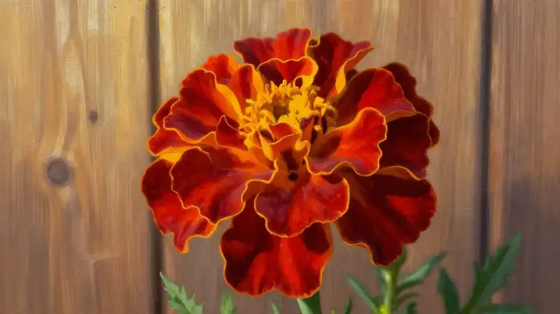 Vibrant red marigold glows softly on a rustic wooden backdrop