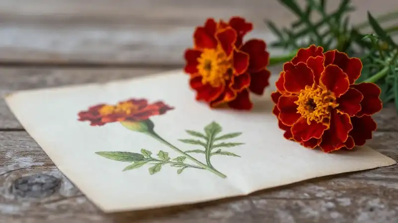Red marigolds rest on aged wood under soft, dappled sunlight