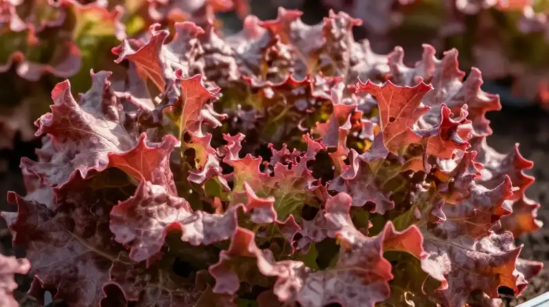 Vibrant red lettuce sails detailed under soft afternoon sunlight