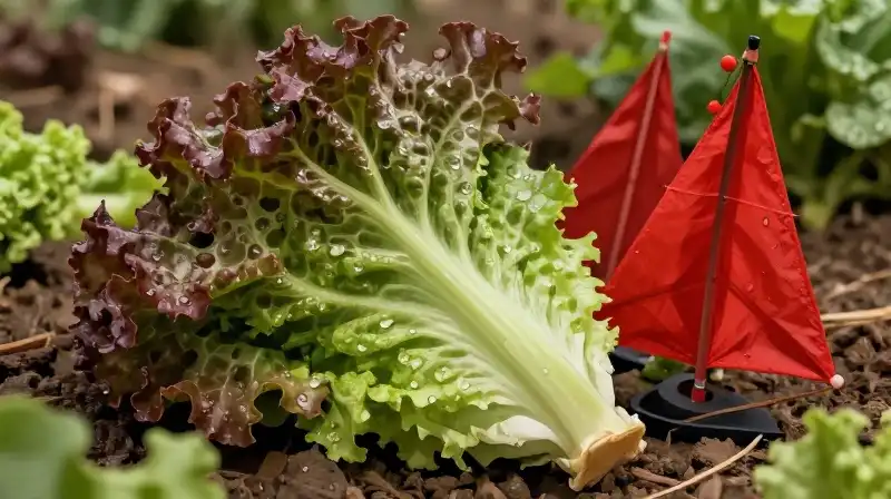 Vibrant, dewy red and green lettuce against a rustic farm background