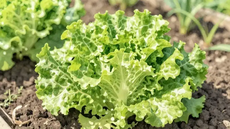 Vivid red and green lettuce grows in a sunlit rustic garden