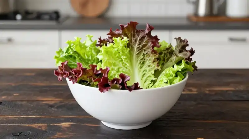Vibrant red frilly lettuce rests on a dark, rustic wooden table