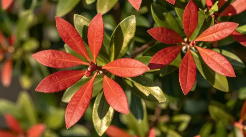 Vibrant red and green foliage glows under dappled golden sunlight