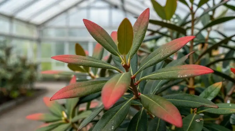 Hyperdetailed red leaves bathed in a warm greenhouse glow
